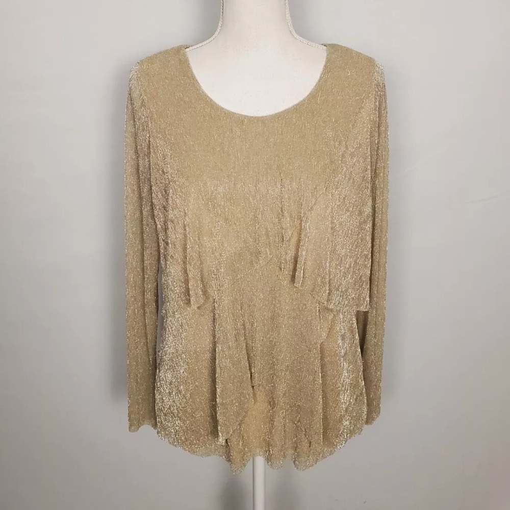 Chicos Gold Sparkle Gauzy Tiered Ruffle Front S Top Long Sleeves Women's Size 0